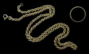 Gold rope twist necklace and gold wedding band, both hallmarked 9ct, approx 6.