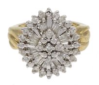 9ct gold round brilliant and calibre cut marquise shaped diamond ring hallmarked,