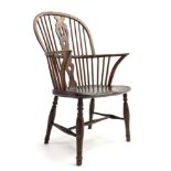 19th century ash and elm hoop back Windsor armchair, with pierced splat and spindles, saddle seat,
