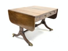 Regency mahogany sofa table, cross banded top with D shaped drop ends,