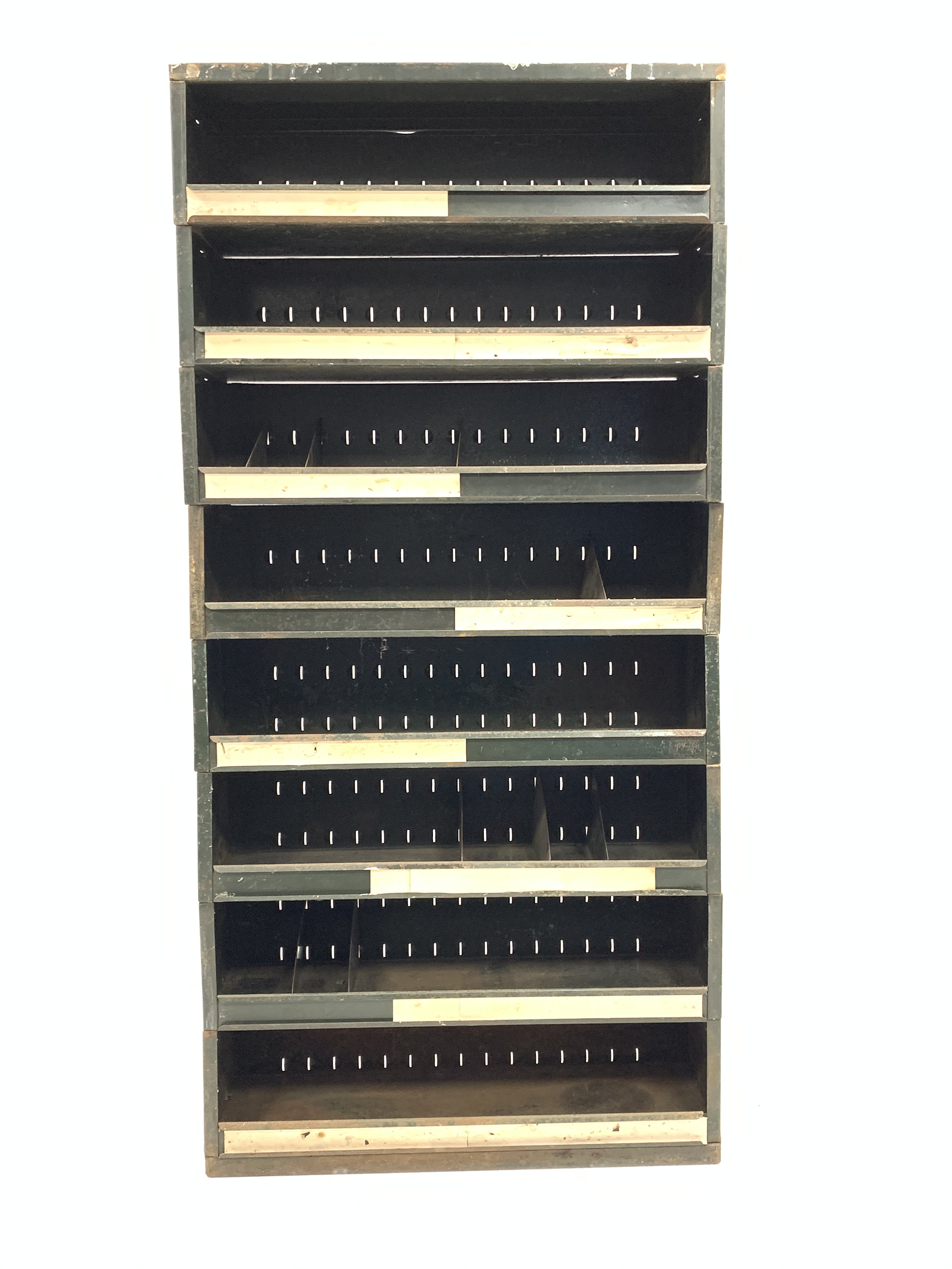 Industrial steel section stacking shelves, some with adjustable divisions, W91cm, H190cm, - Image 2 of 2