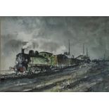 Alan Towse tank locomotive pulling freight, watercolour, signed,