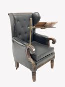 Victorian walnut framed wing back reading chair, carved cresting rail,