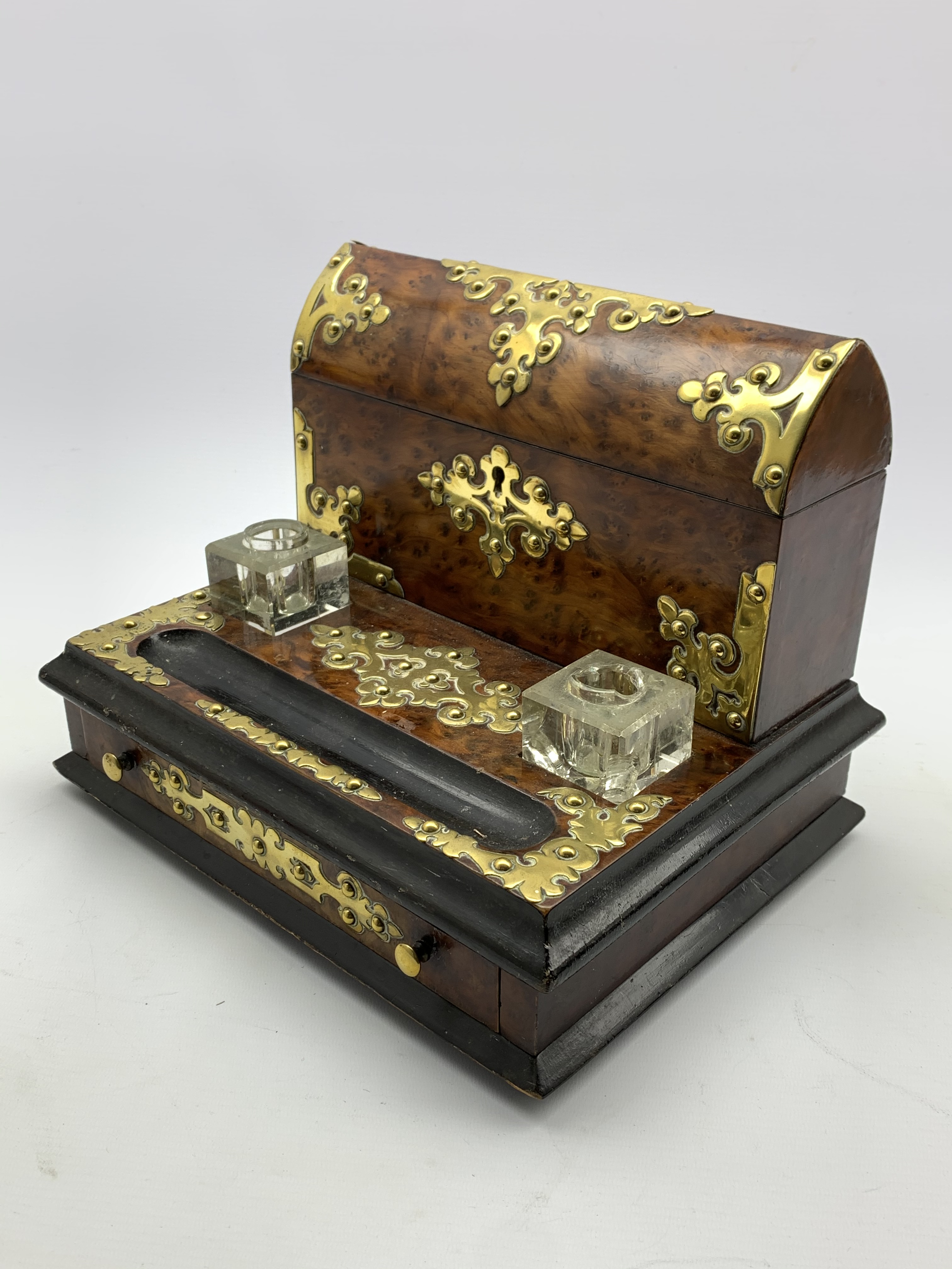 Victorian birds eye maple inkstand with applied brass mounts fitted with a domed stationery casket - Image 2 of 3