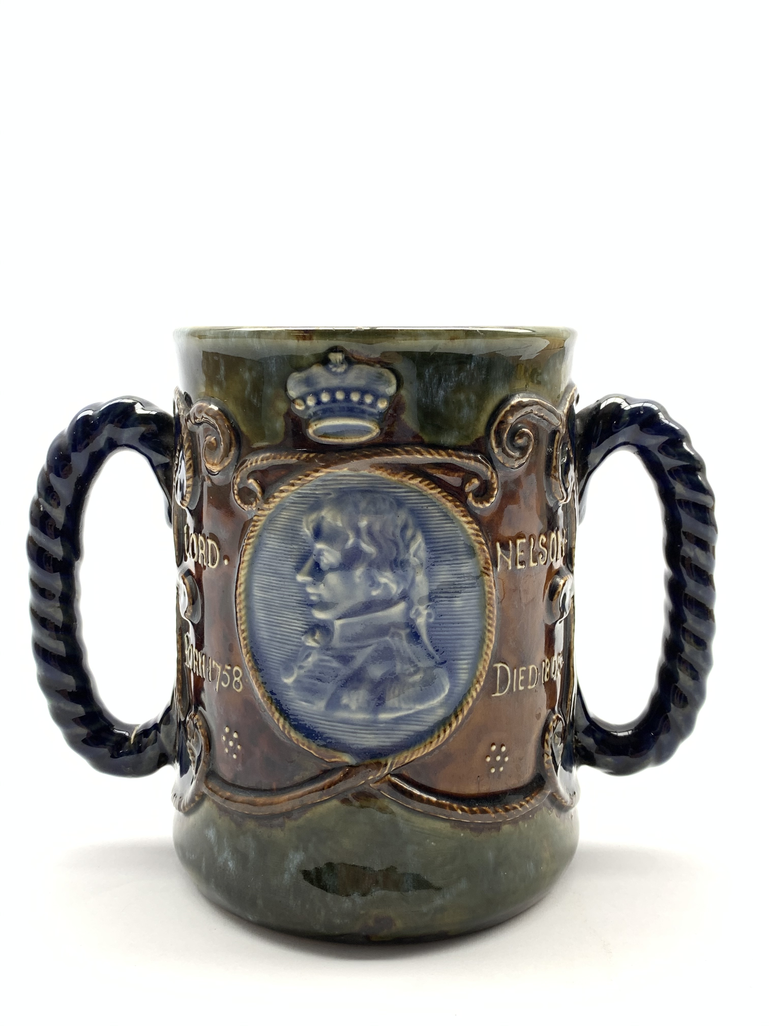 Royal Doulton 'Lord Nelson' loving cup with rope work handles decorated with a portrait bust of