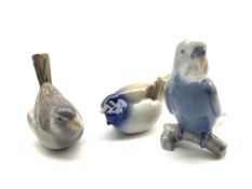 Royal Copenhagen model of a budgerigar No. 457, a Titmouse No. 410 and another of a Sparrow No.