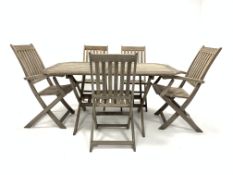 20th century teak garden table with slatted top raised on 'X' sabre supports united by stretcher,