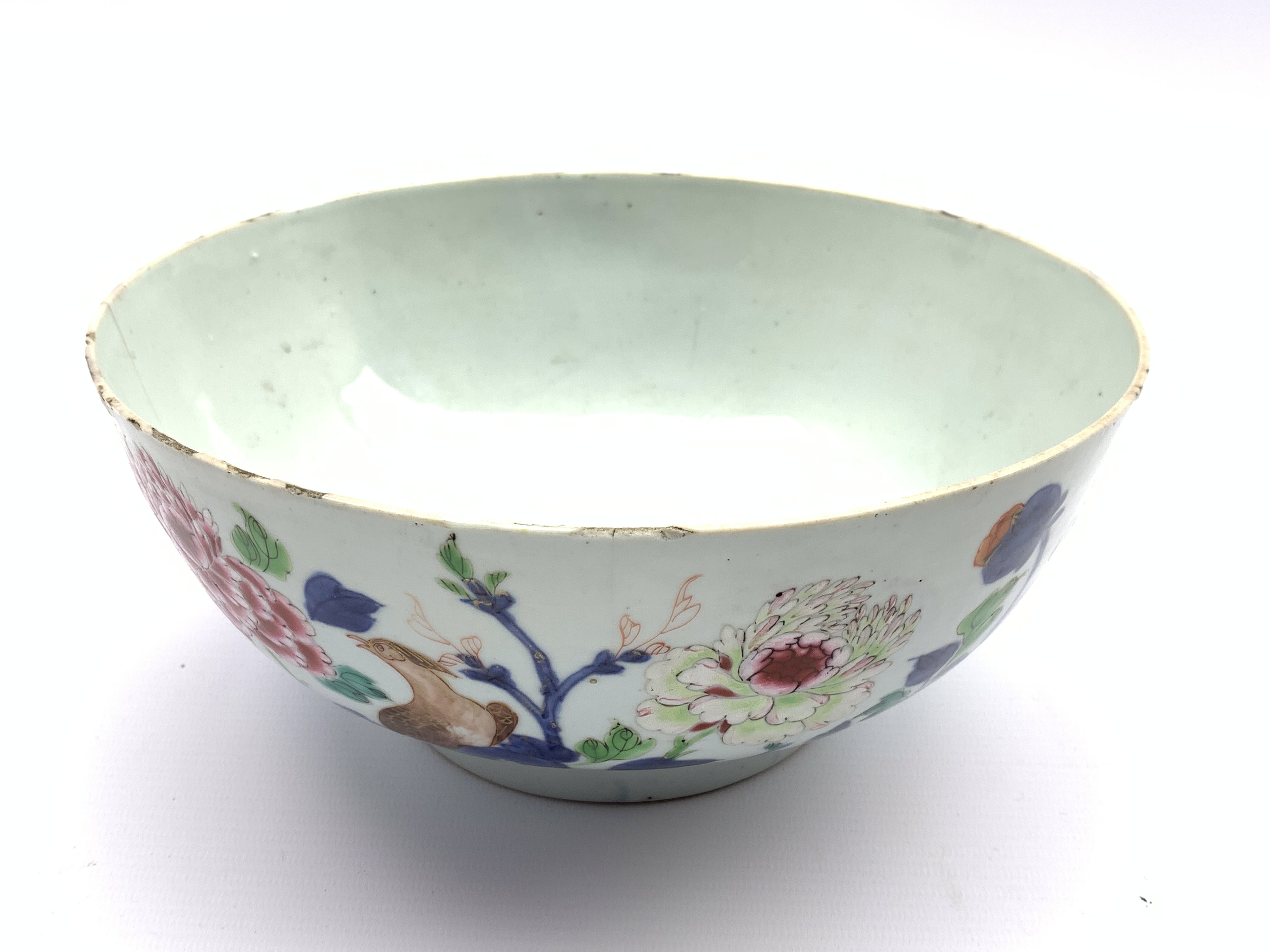 Eighteenth Century Chinese bowl painted with flowers and birds D24cm Condition Report &