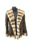 Brown Indian curly lamb and chinchilla jacket with chinchilla hood and cuffs,