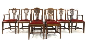 Set eight (6+2) mahogany Hepplewhite style dining chairs, each having pierced splats,