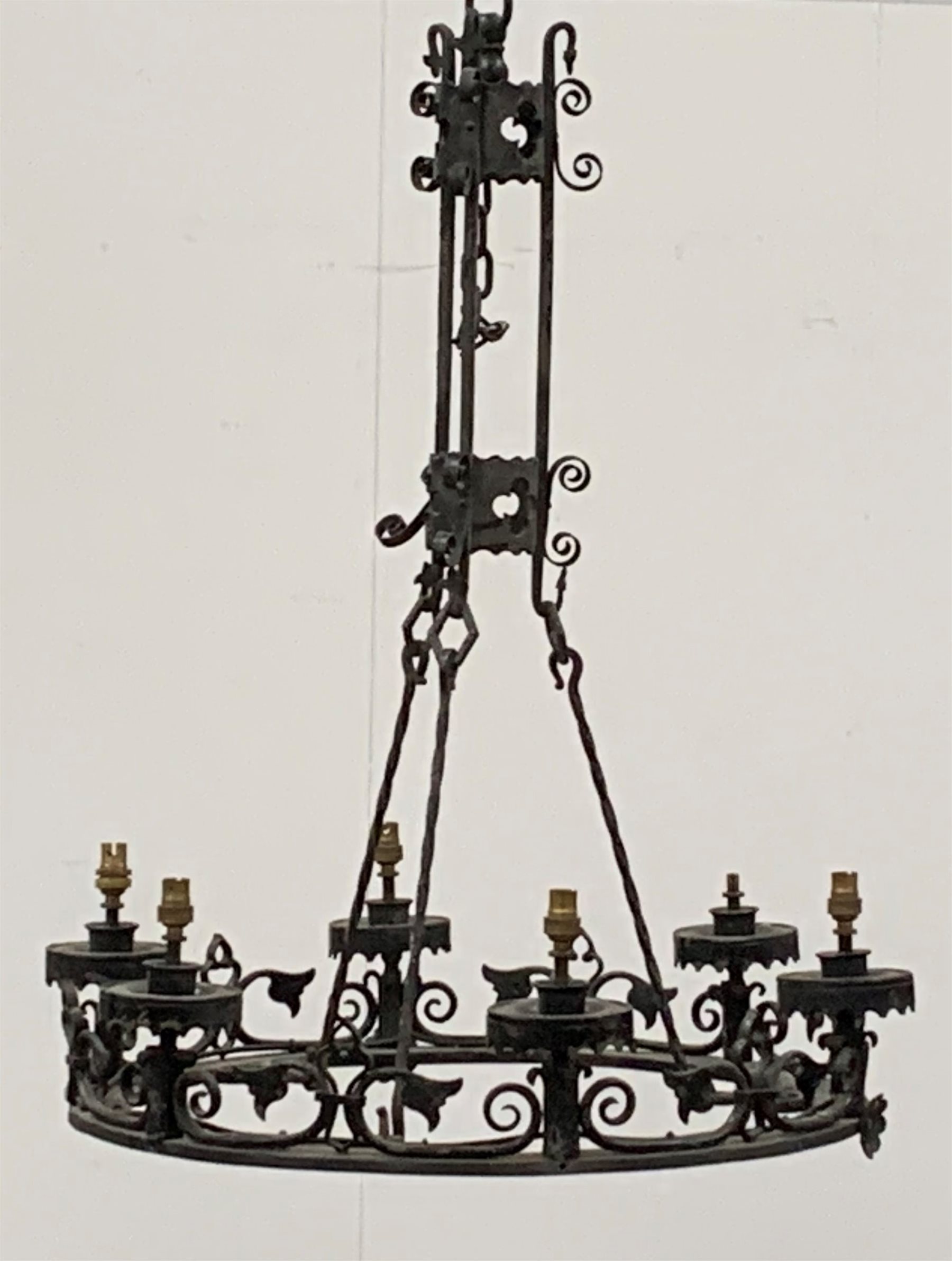 Early 20th century cast iron hanging six branch electrolier-chandelier of Gothic design, - Image 5 of 5