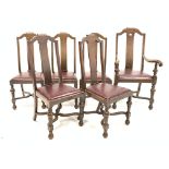 Set six (5+1) oak dining chairs with shaped cresting rail and serpentine splats over upholstered