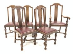 Set six (5+1) oak dining chairs with shaped cresting rail and serpentine splats over upholstered