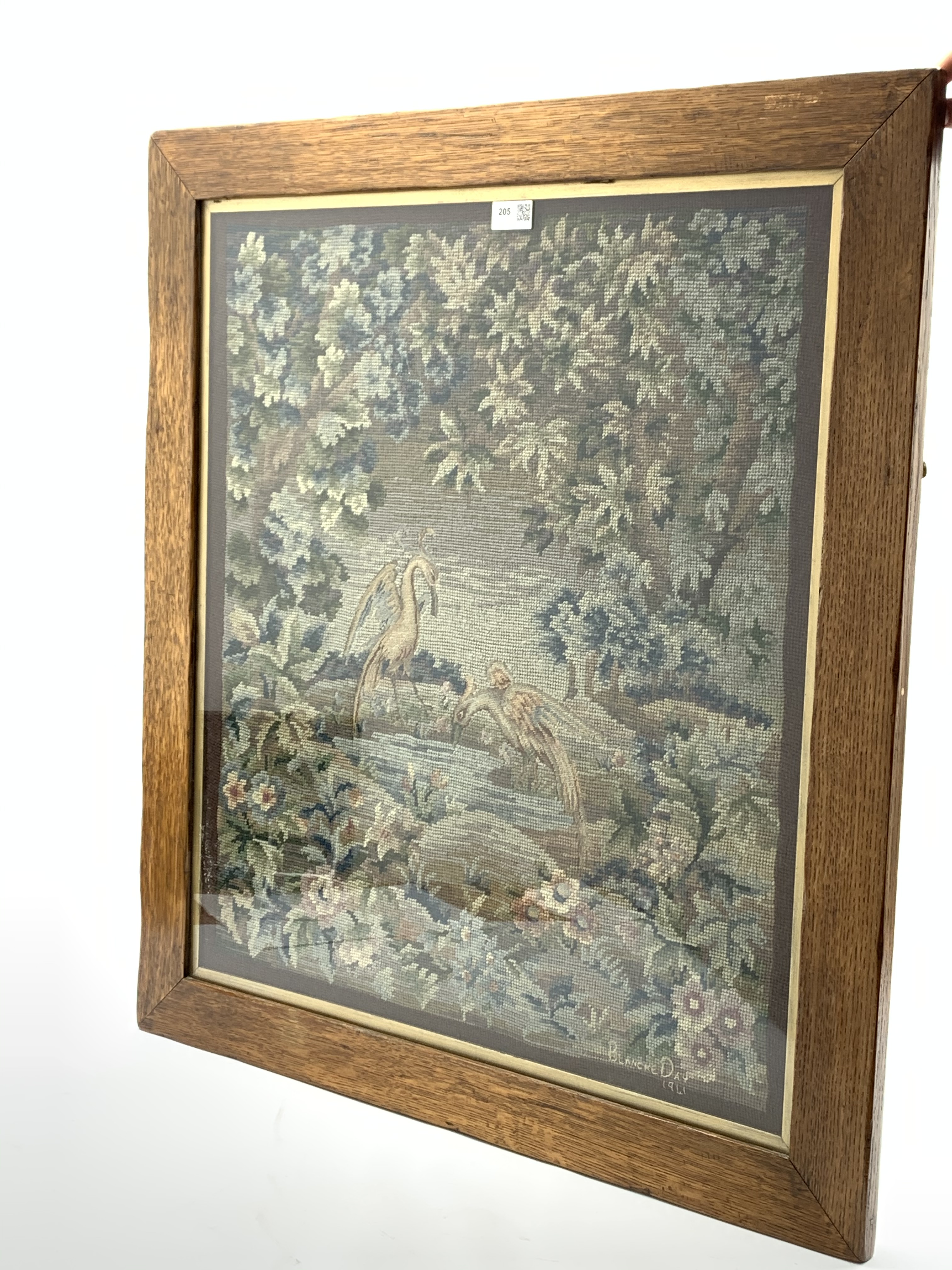 Needle work panel depicting two birds drinking from a pond, by Blanche Day, 70cm x 60cm,