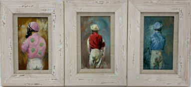 David 'Mouse' Cooper - Series of three oil paintings on panel of Jockeys Silks, signed,