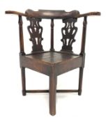 18th century oak corner chair, shaped cresting rail, panel seat,
