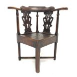 18th century oak corner chair, shaped cresting rail, panel seat,