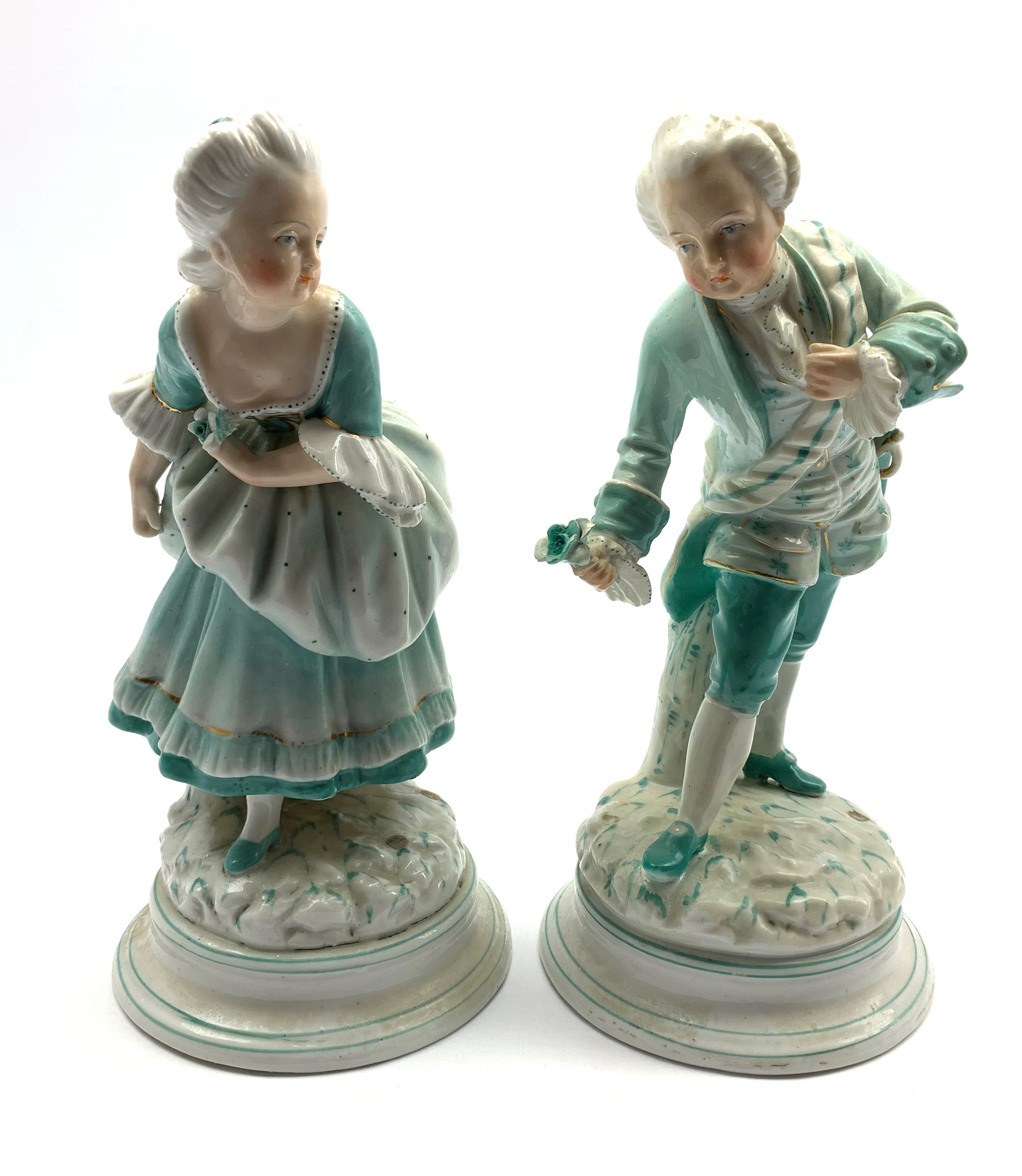 Pair of 19th Century porcelain male and female figures each holding a flower on blue lined circular - Image 4 of 6