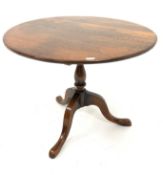 Georgian design oak snap top circular occasional table, on turned column and triple splay supports,