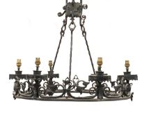 Early 20th century cast iron hanging six branch electrolier-chandelier of Gothic design,