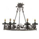 Early 20th century cast iron hanging six branch electrolier-chandelier of Gothic design,