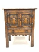 18th century style side cupboard with carved panelled doors above single drawer,