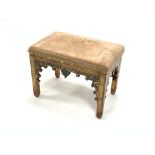 Early Victorian stool of Gothic design, with upholstered seat and gilt painted decoration,