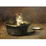 Leon Charles Huber (French 1858-1928): 'A Quick Escape' with a mouse and a kitten,