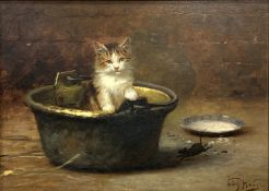 Leon Charles Huber (French 1858-1928): 'A Quick Escape' with a mouse and a kitten,