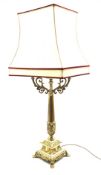 Gilt metal table lamp designed as a 19th Century candelabrum on square base H92cm