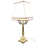 Gilt metal table lamp designed as a 19th Century candelabrum on square base H92cm
