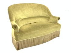Early 20th century two seat sofa, upholstered in tasseled green velvet, W118cm, H80cm,