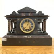 Victorian slate mantel clock with inlaid marble panels and columns, the brass dial inscribed ' T.