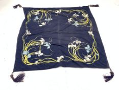 Chinese silk throw embroidered with flowers on a blue ground 147cm square Condition