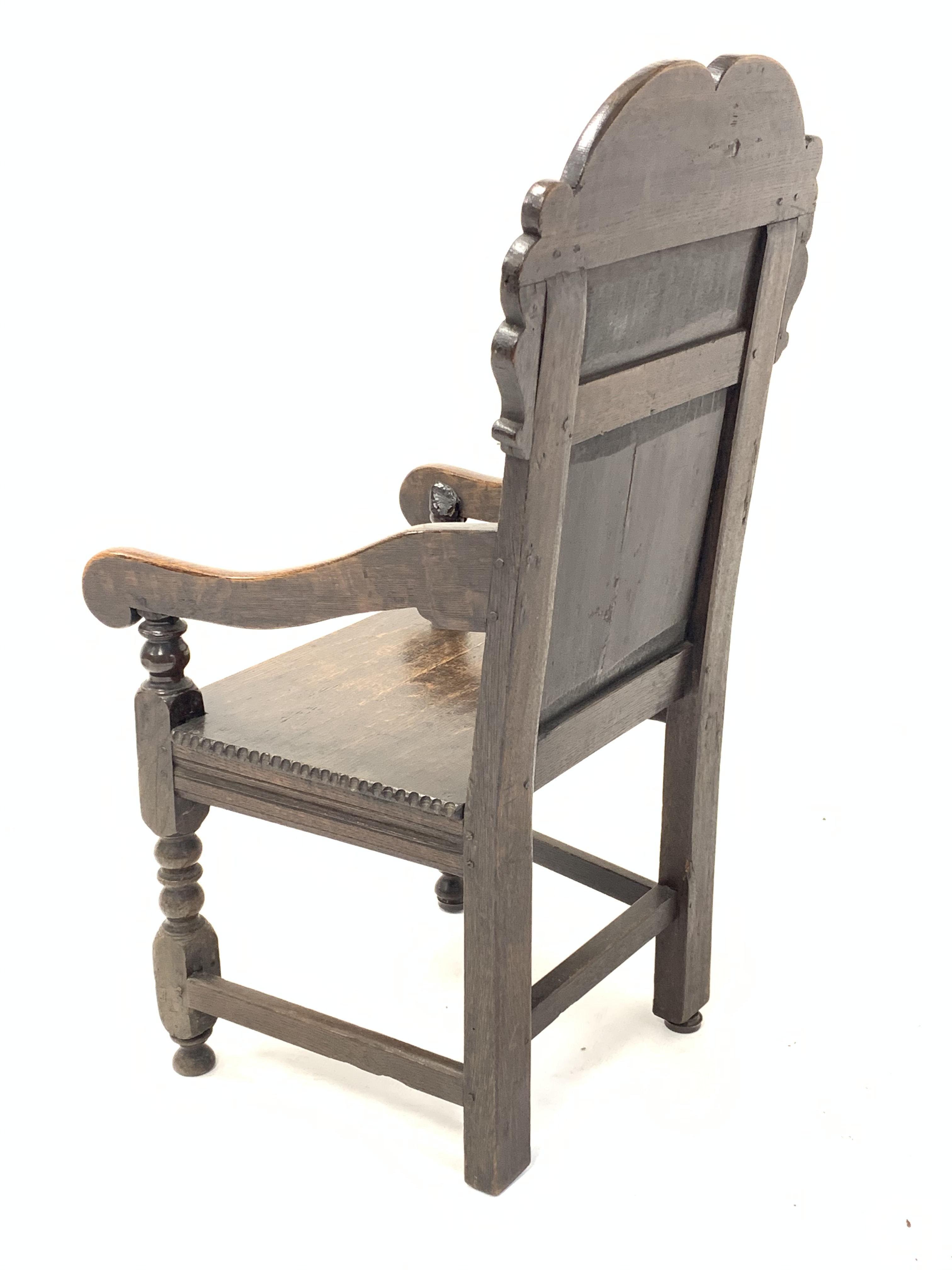 18th century and later oak Wainscote chair, scroll carved back panel, - Image 4 of 5