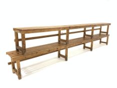 Two large slatted pine changing room benches, (L350cm, H41cm,