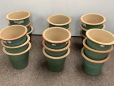 Set eighteen green glazed terracotta circular flower pots/planters, D32cm,