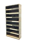 Industrial steel section stacking shelves, some with adjustable divisions, W91cm, H190cm,
