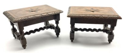 Pair of 19th century carved oak stools, with turned supports unitd by spiral turned stretcher,