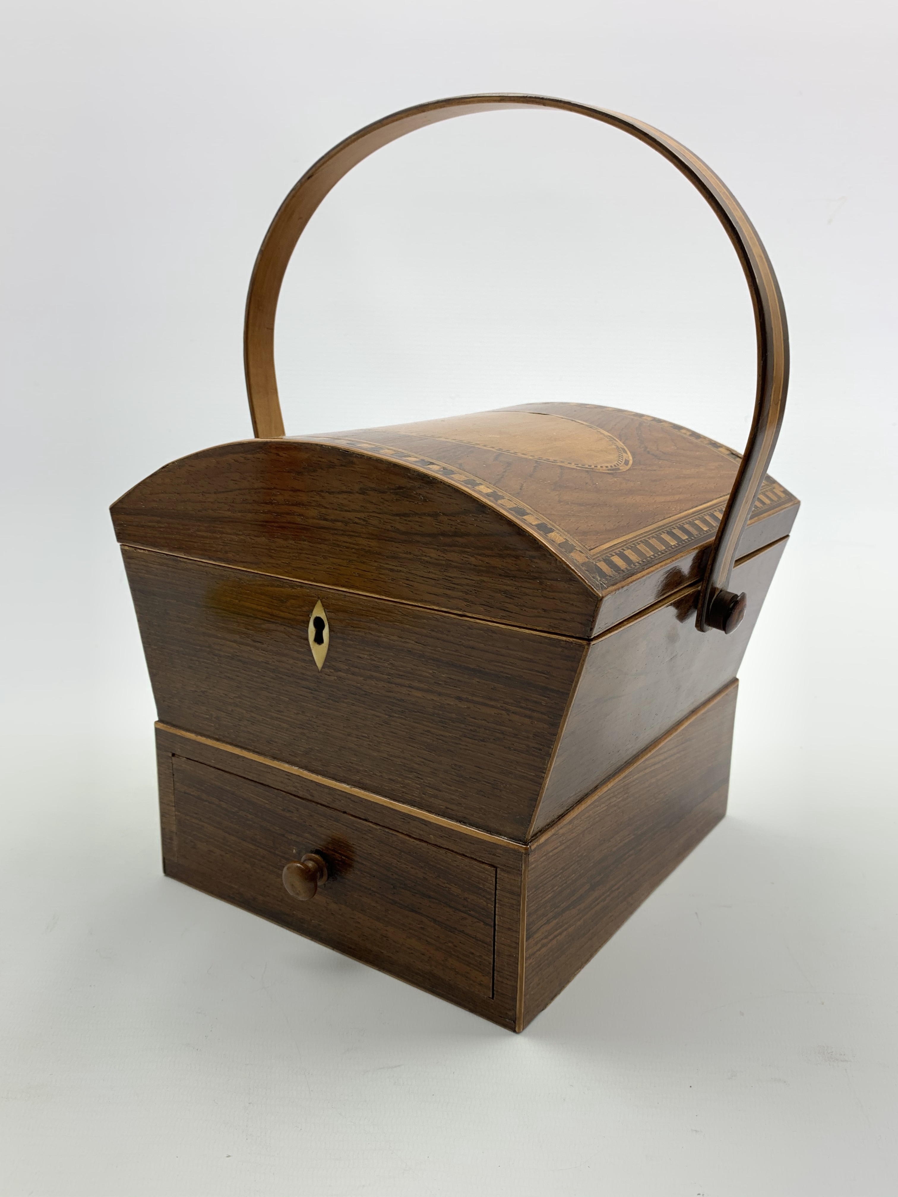 Regency rosewood sewing box with lifting domed top,