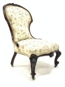 Victorian carved mahogany spoon back upholstered nursing chair,