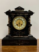 Victorian slate mantle clock, with Arabic numeral chapter ring, and incised gilt decoration,