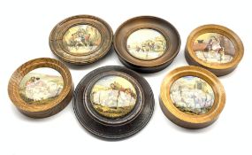 Collection of six 19th Century Pratt ware pot lids including 'The Times', 'I see you my boy',