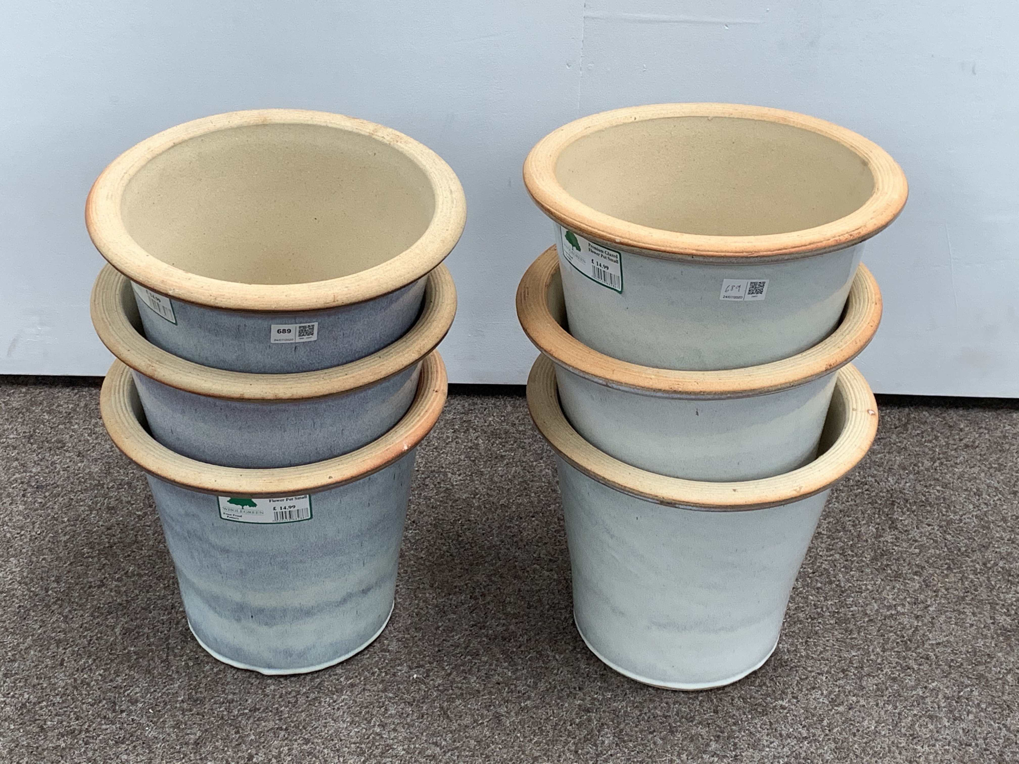 Set six white and blue glazed terracotta plant pots/planters, D33cm,