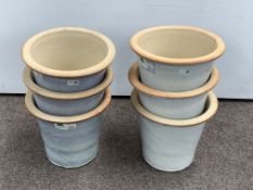 Set six white and blue glazed terracotta plant pots/planters, D33cm,