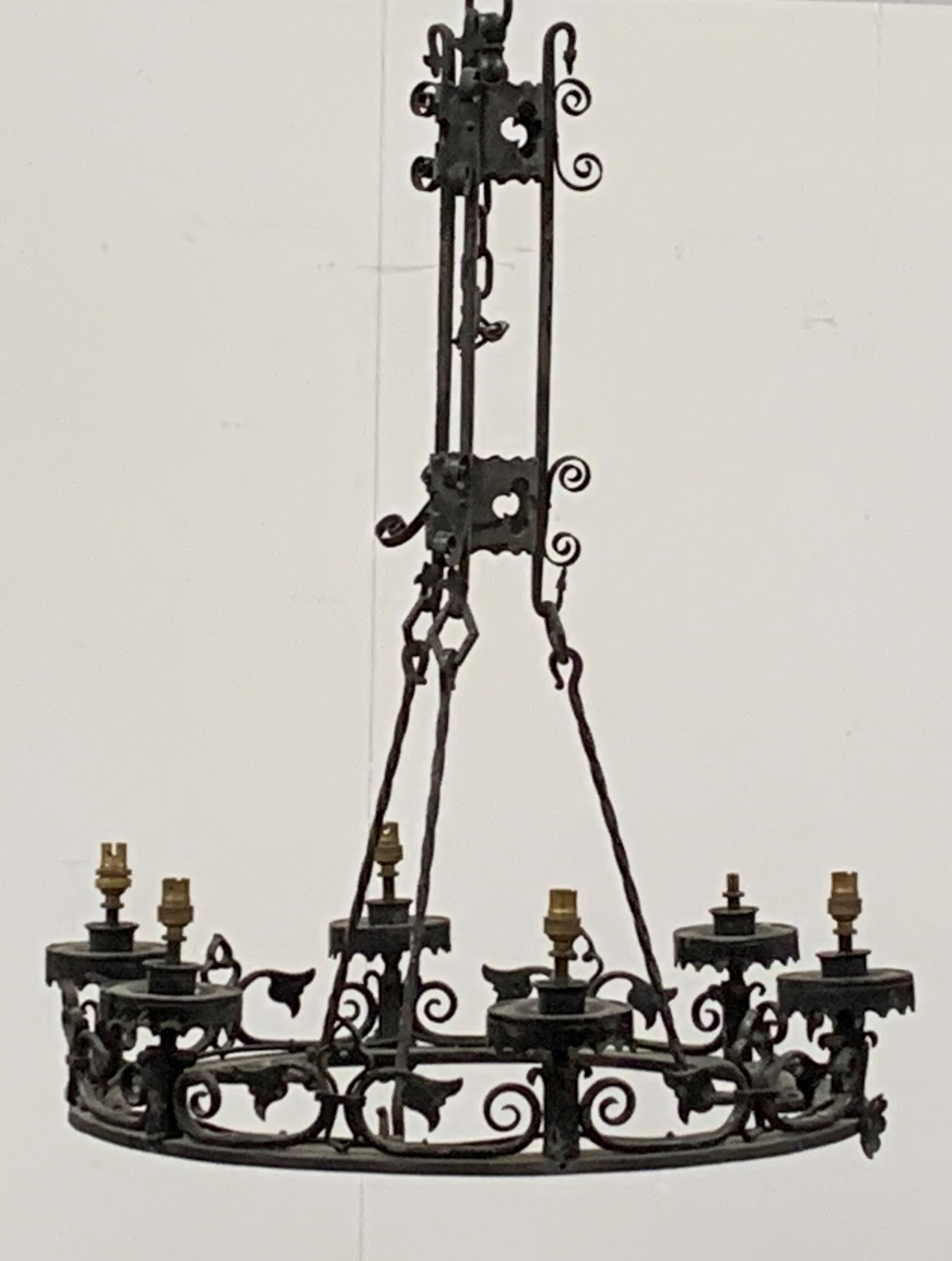 Early 20th century cast iron hanging six branch electrolier-chandelier of Gothic design, - Image 2 of 5