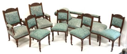 Edwardian walnut seven piece drawing room suit, comprising of chaise longue,