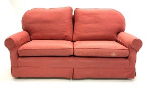 Two seat sofa upholstered in pink loose fabric, W190cm, H85cm,