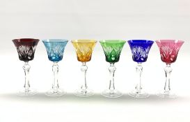 Set of six Bohemian style Hock glasses with coloured glass bowls and facet cut stems H22cm