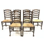 Set six ash ladder back dining chairs, with wave shaped bars, string seats,